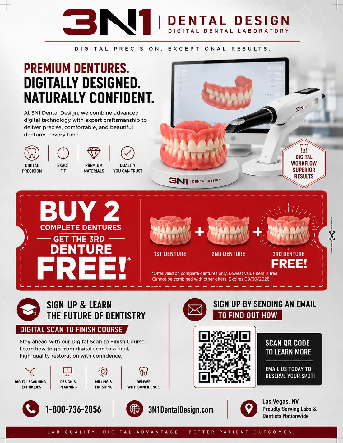 Three in One Dental Designs promotional flyer: Buy 2 complete dentures, get the 3rd denture free. Offer valid on complete dentures only, lowest value item is free, cannot be combined with other offers, expires 09/30/2026. Includes the Three in One Dental Designs phone number, 3n1dentaldesign.com, a QR code, and Las Vegas, NV location.